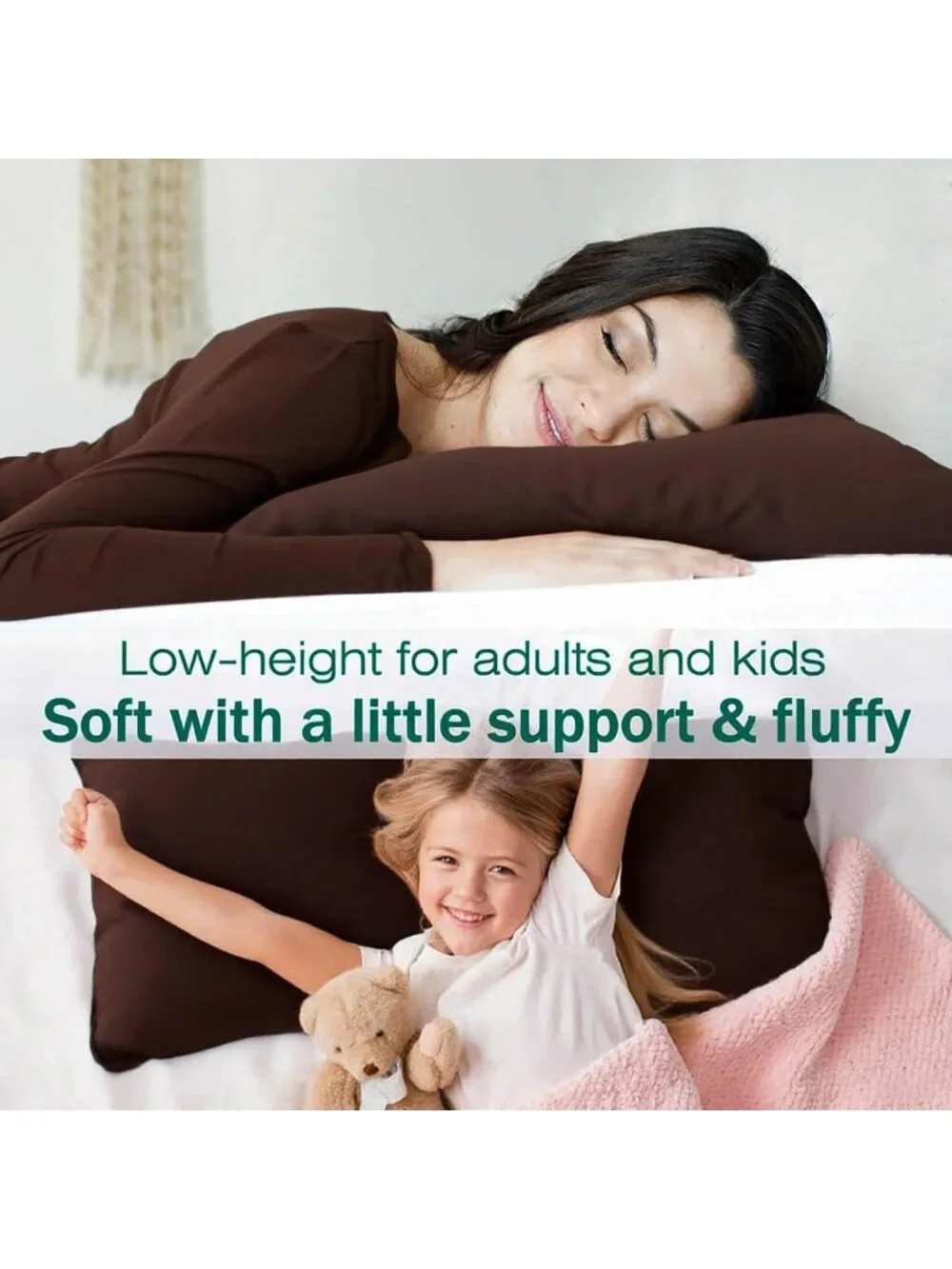 〽️Flat Thin Bed Pillows Standard Size Set of 2 Soft Down Alternative Coffee